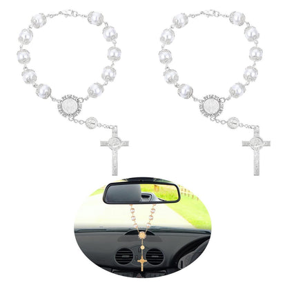 Auto Rosenkranz 2er Set – Kreuz Anhänger für Rückspiegel