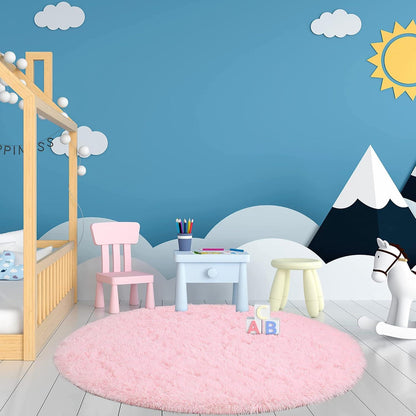 Hochflor Teppich Rund Rosa Shaggy Flauschiger Kinder Teppich 120x120