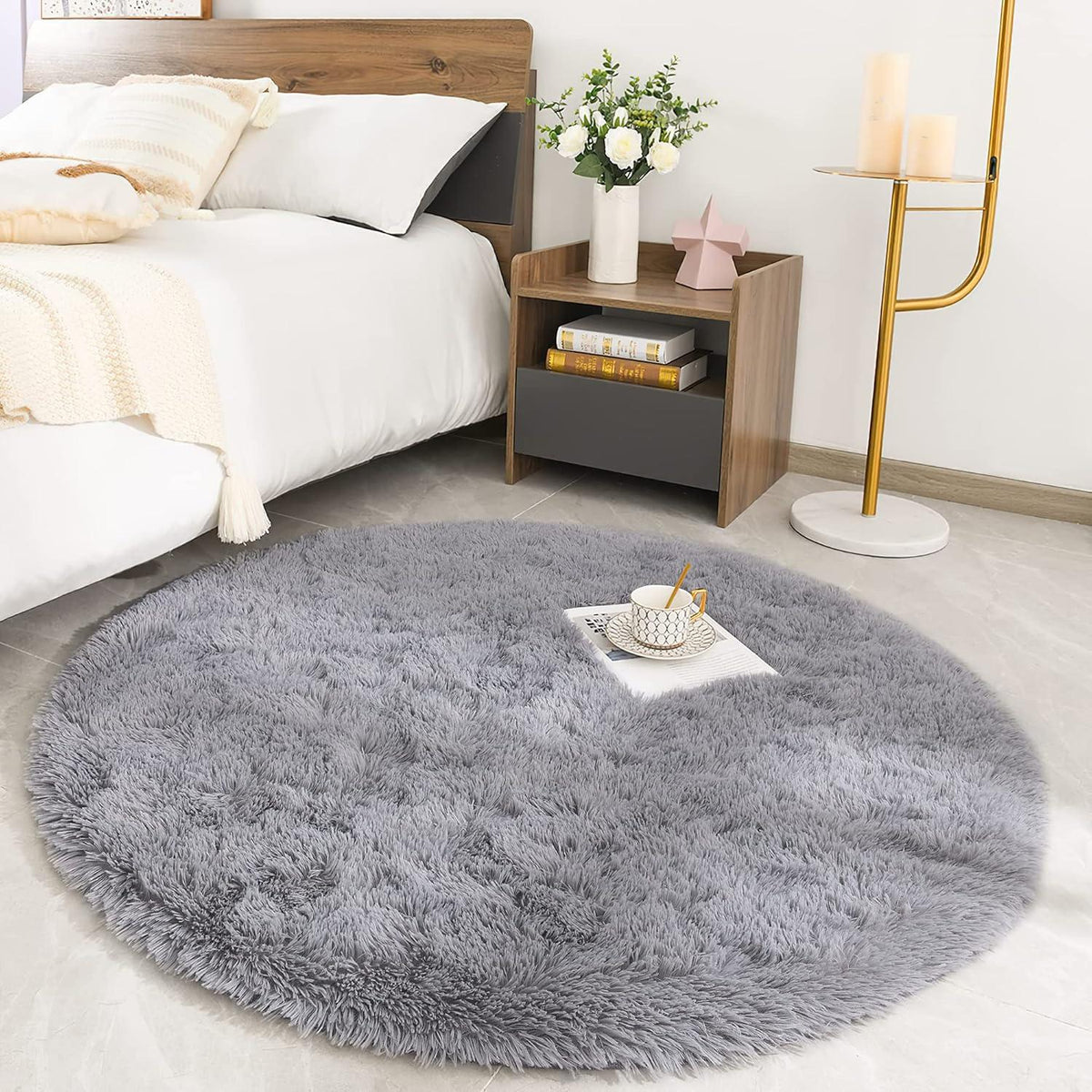 Runder Shaggy Teppich für Wohnzimmer Schlafzimmer Sofa - Grau