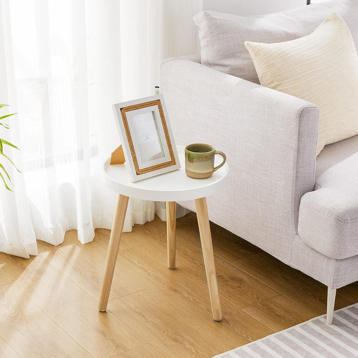 Beistelltisch Skandinavische Stil Rund 38x45cm Massivholz Weiß-Natur