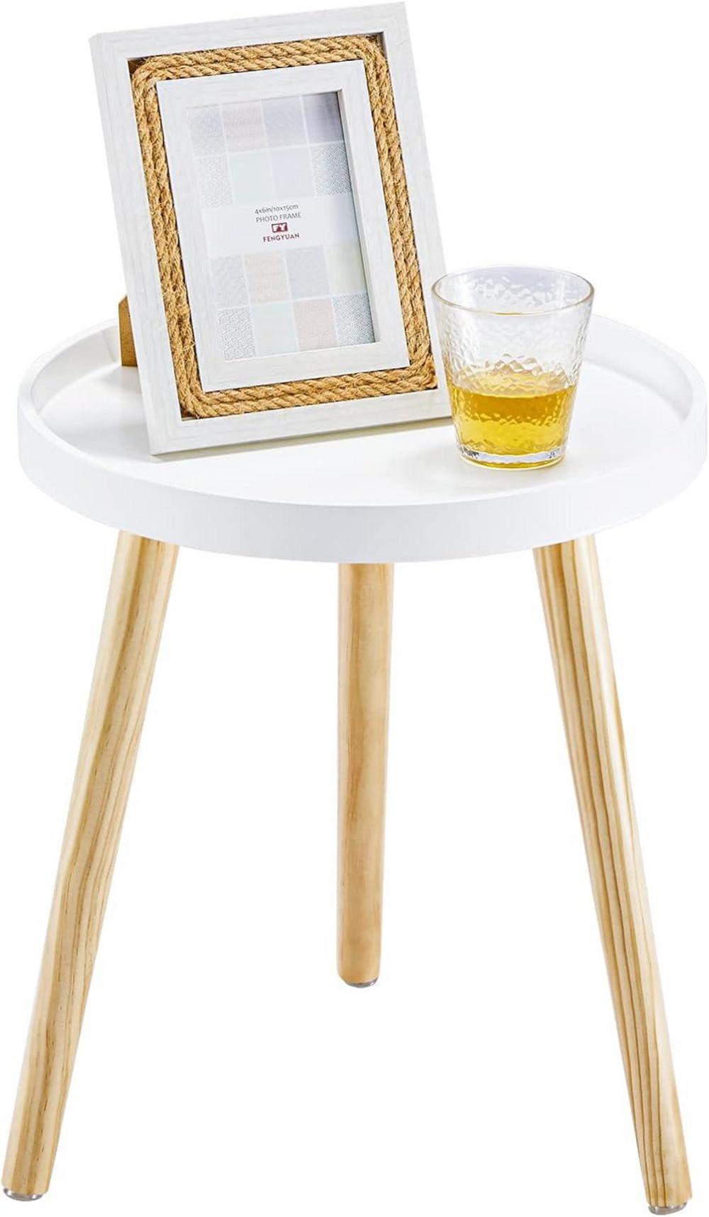 Beistelltisch Skandinavische Stil Rund 38x45cm Massivholz Weiß-Natur