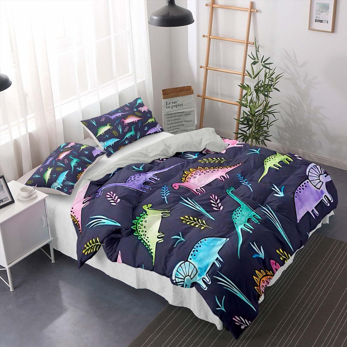 Cartoon Dino Bettwäsche Set 220x240cm – Kinderbettwäsche mit 2 Kissenbezügen