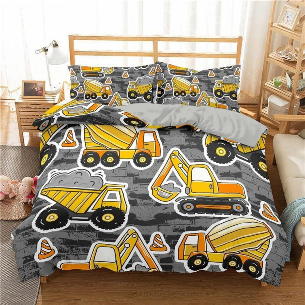 Bettwäsche-Set Grau mit technischem Fahrzeug Design 155x220cm