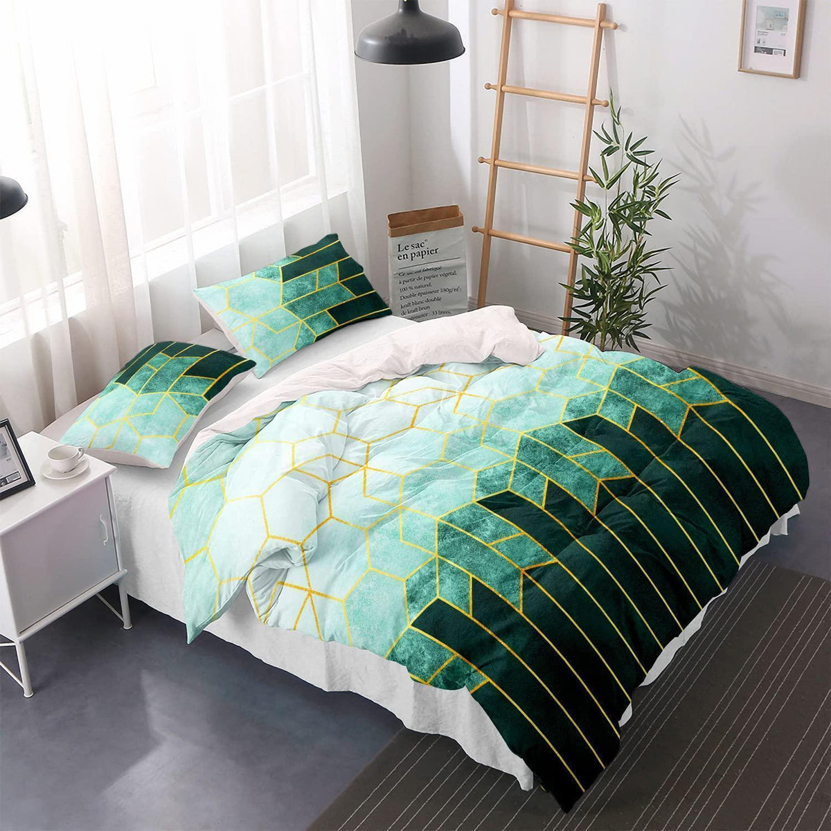 Bettwäsche-Set 200x220cm Marineblau Grün Gestreift Microfaser