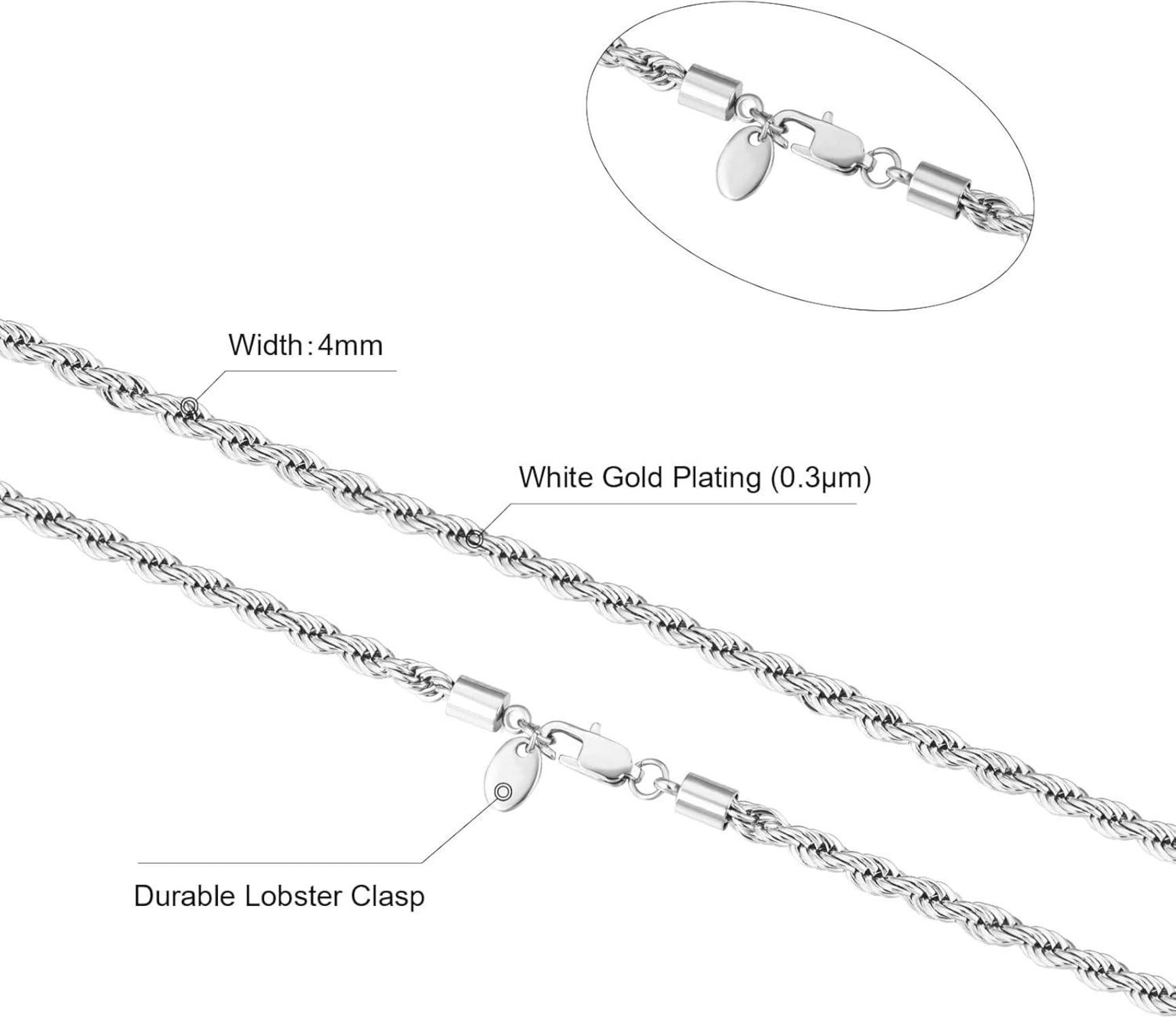 KRKC&CO Rope Kette Edelstahl 18K Gold/Weißgold 4mm Silber 55,9cm