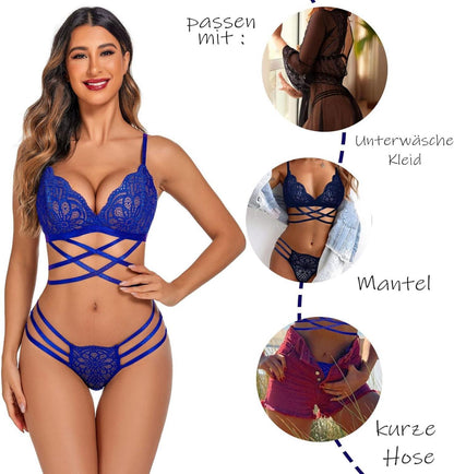 Damen Dessous Set Spitze Reizwäsche BH Slip Erotik Halfter Unterwäsche Blau L
