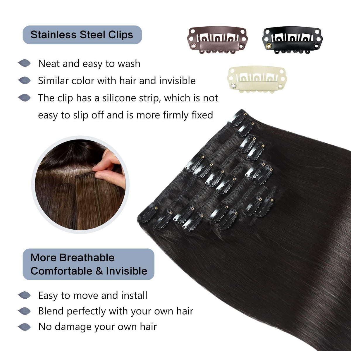 Clip In Echthaar Verlängerung Remy Schwarz 40cm 120g