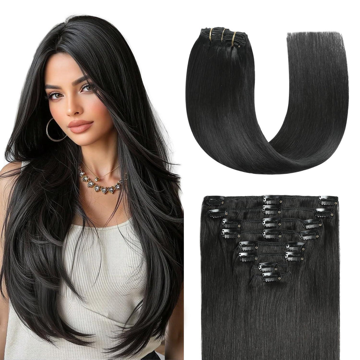 Clip In Echthaar Extensions Schwarz 40cm 120g