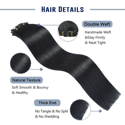 Clip In Echthaar Extensions Schwarz 40cm 120g