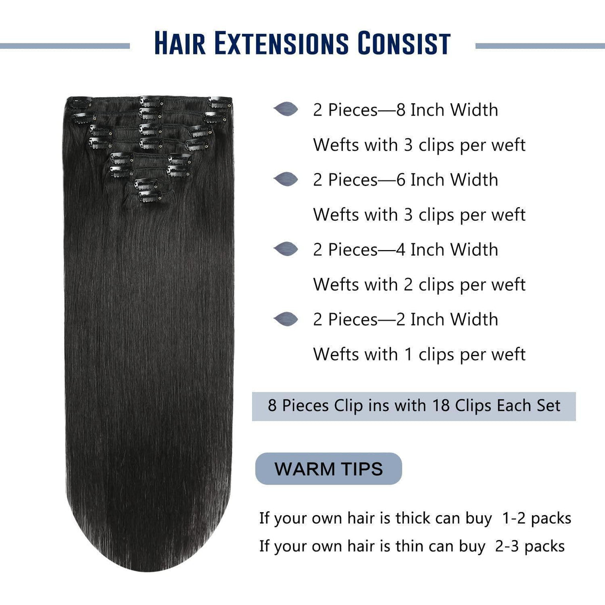 Clip In Echthaar Extensions Schwarz 40cm 120g