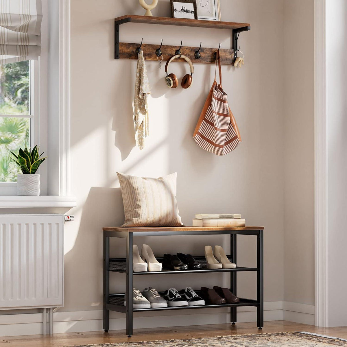 HOOBRO Wandgarderobe mit 7 Haken und Ablage Dunkelbraun-Schwarz