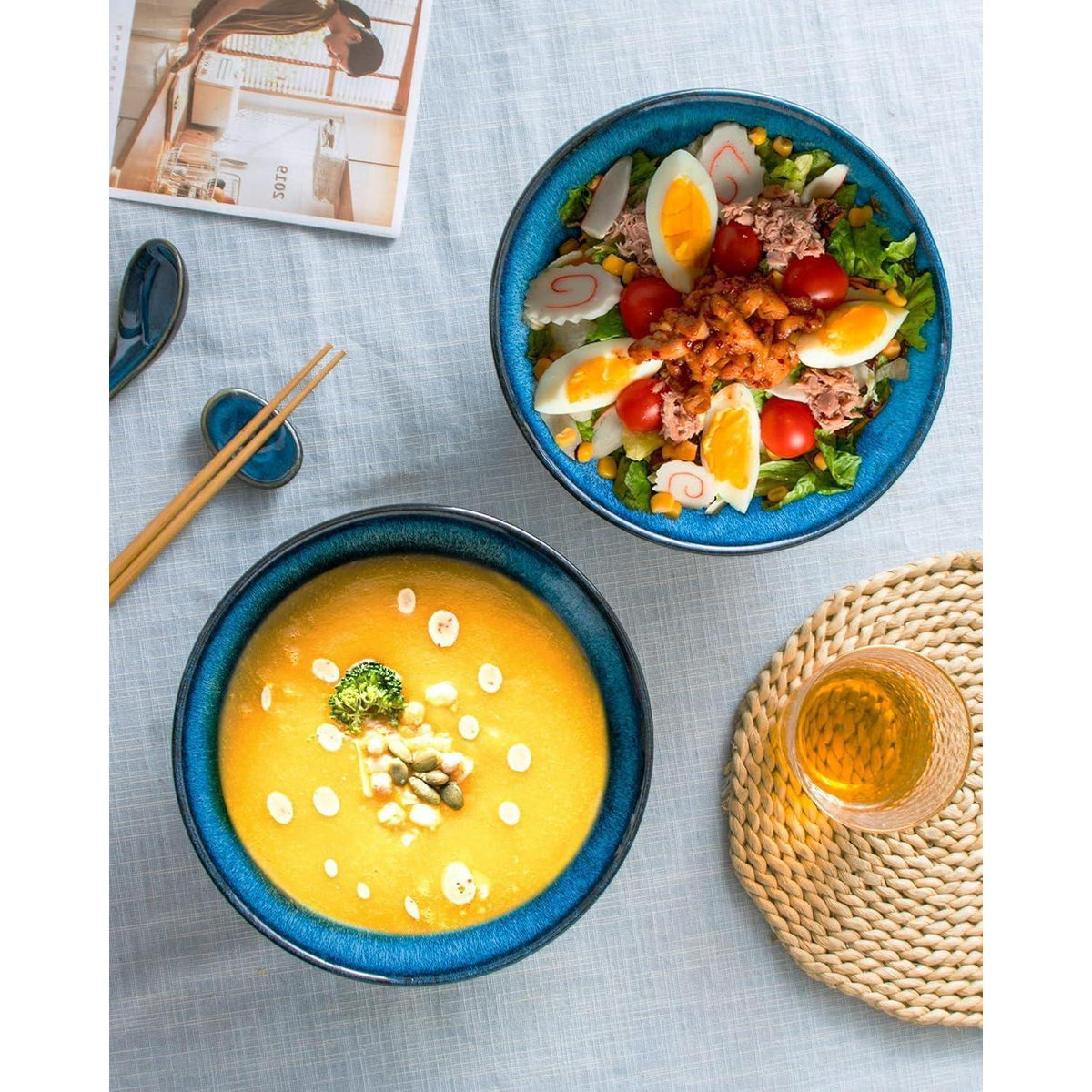 Japanische Ramen Schüssel Set Keramik 2L mit Essstäbchen & Löffel Blau