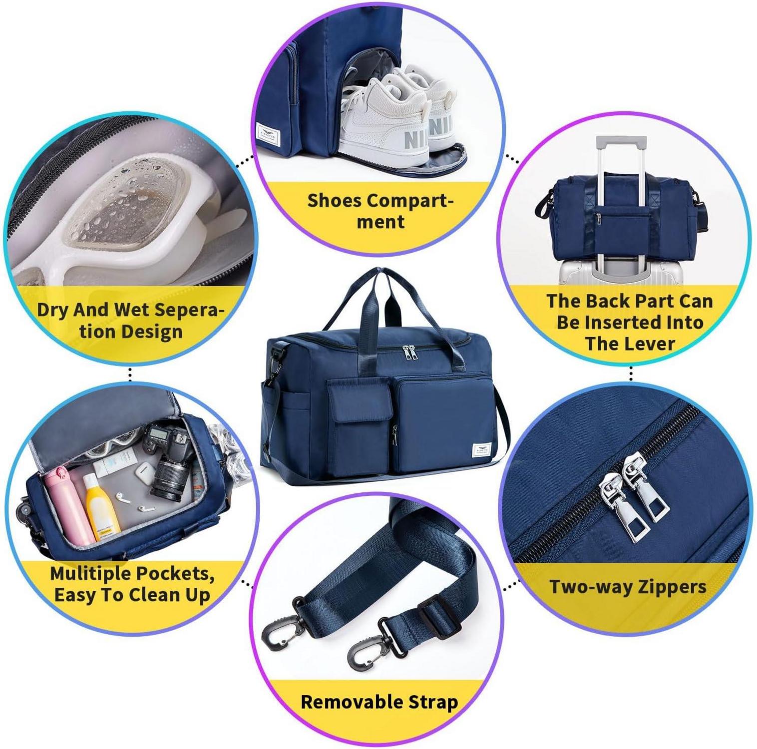 Sporttasche Damen 35L Faltbare Reisetasche Schuhfach Nassfach Marineblau