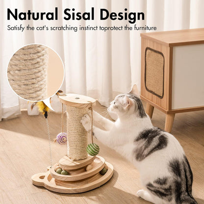 MEWOOFUN Holz Katzenspielzeug Roller mit Federn und Bällen