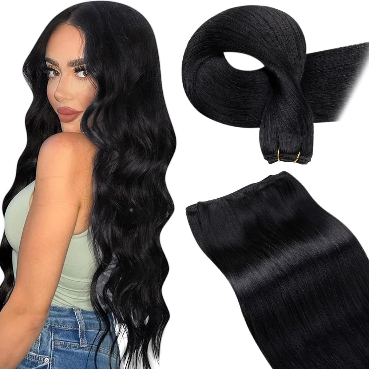 Echthaar Tressen Schwarz #1 – Remy Haare 60cm, 120g