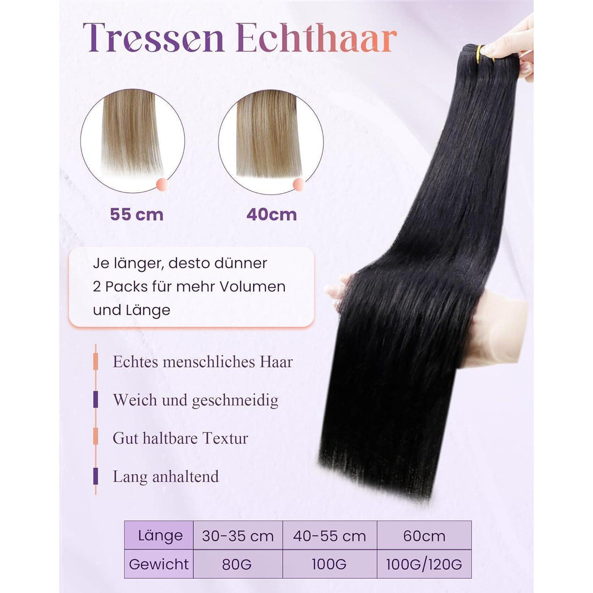 Echthaar Tressen Schwarz #1 – Remy Haare 60cm, 120g