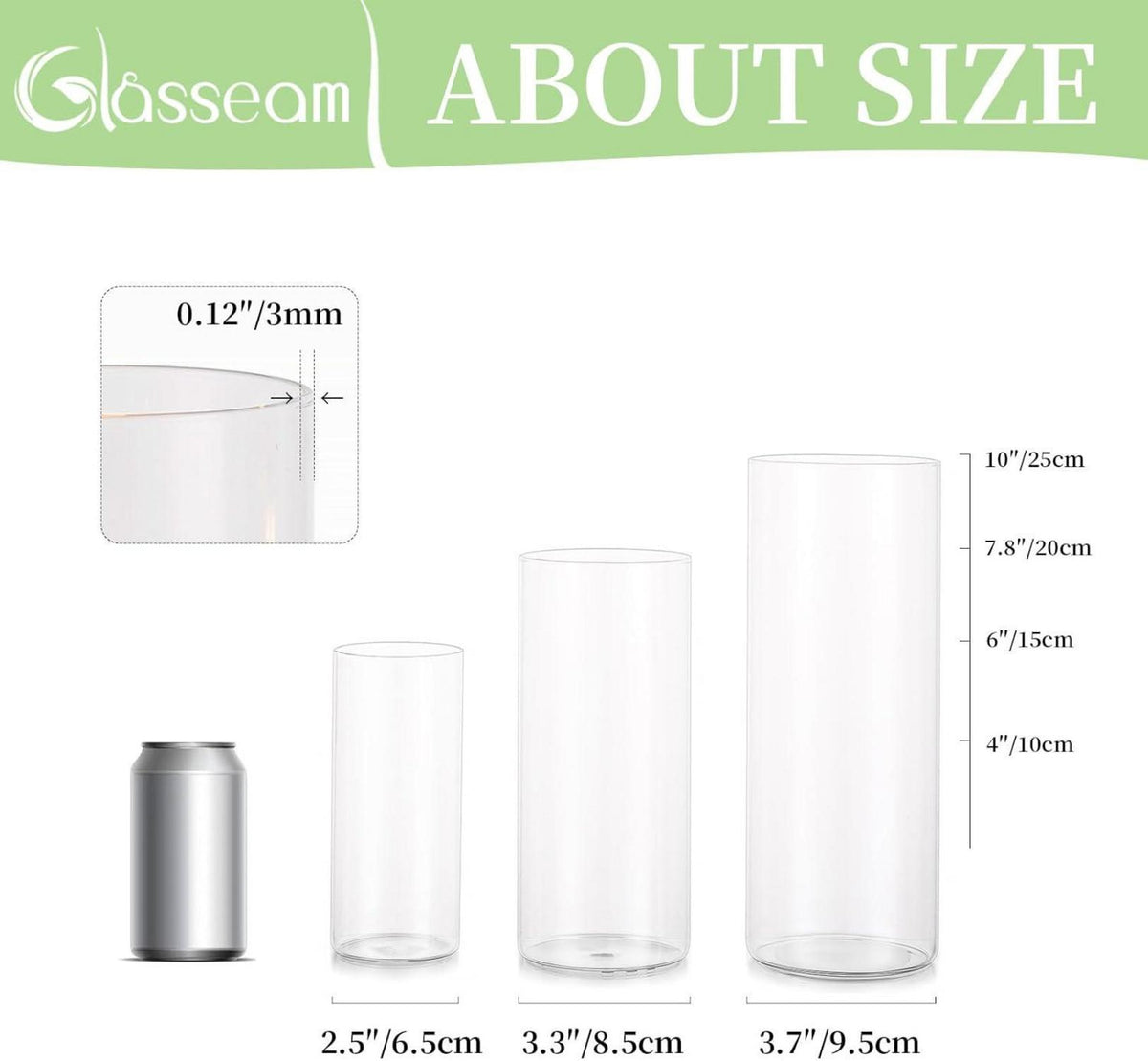 Moderne Glaszylinder Vase Set 3 teilig Deko Blumenvasen Rund 15/20/25cm