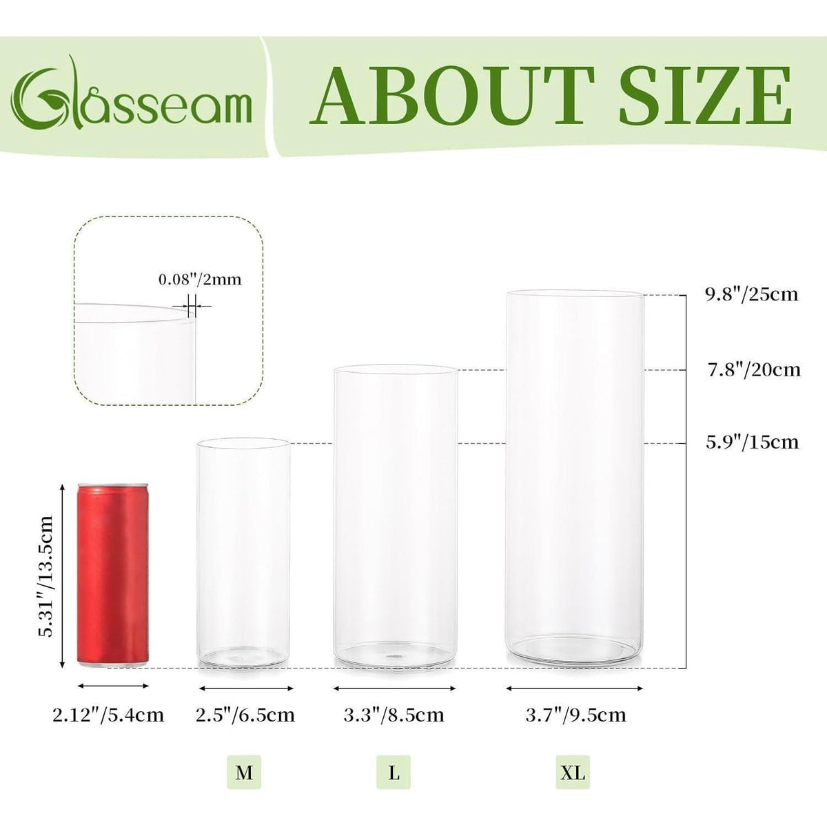 Glasvasen Zylinder 10er Set Klar 15-25cm für Blumen & Kerzen