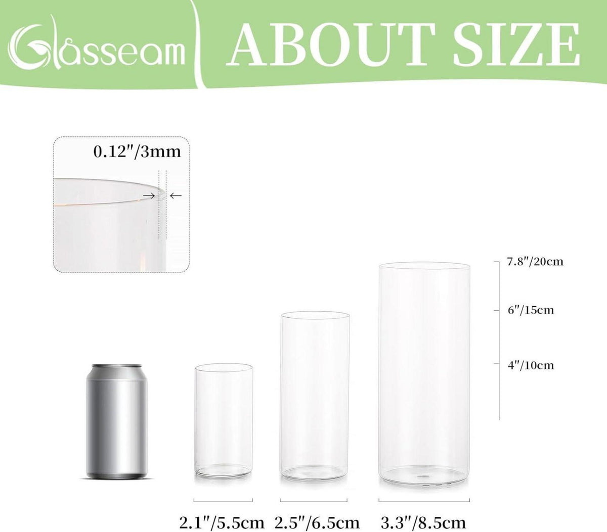 Moderne Glasvase Zylinder Blumenvase Set 3 Stück 10/15/20cm Hoch
