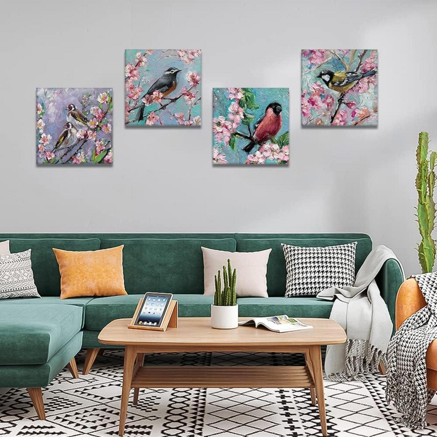 Artscope 4 Teilig Leinwandbild Ölgemälde Blumen Vögel
