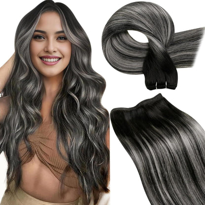 Echthaar Tressen Balayage Schwarz Silber 55cm - 100g