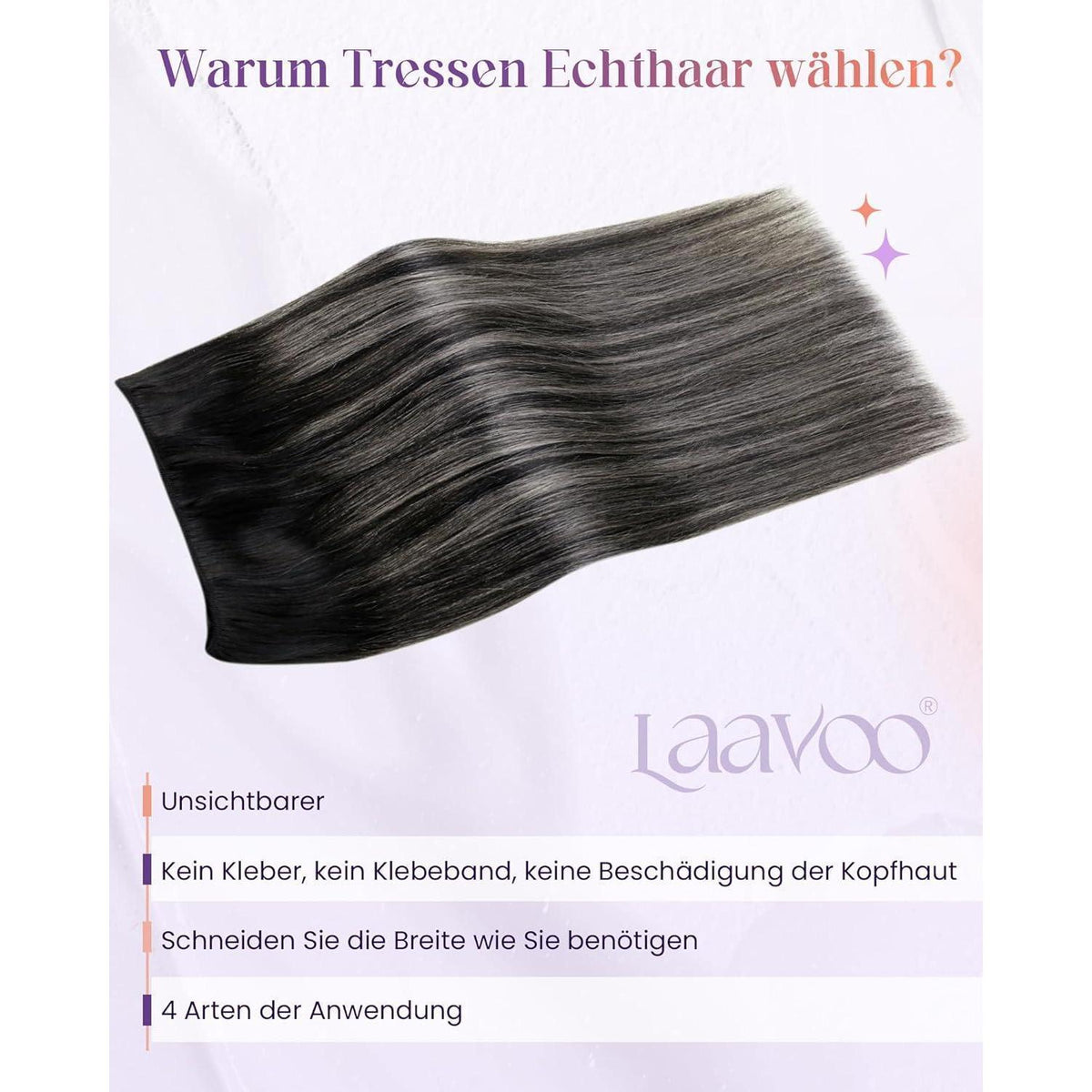 Echthaar Tressen Schwarz Ombre Silber 40cm - 100g