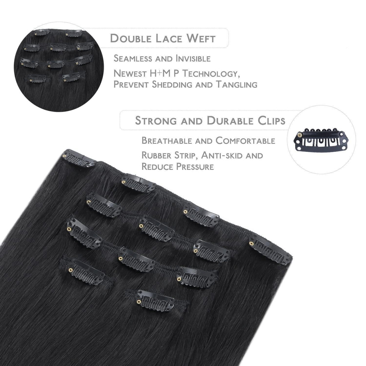Clip in Echthaar Extensions Schwarz 55cm - 85g
