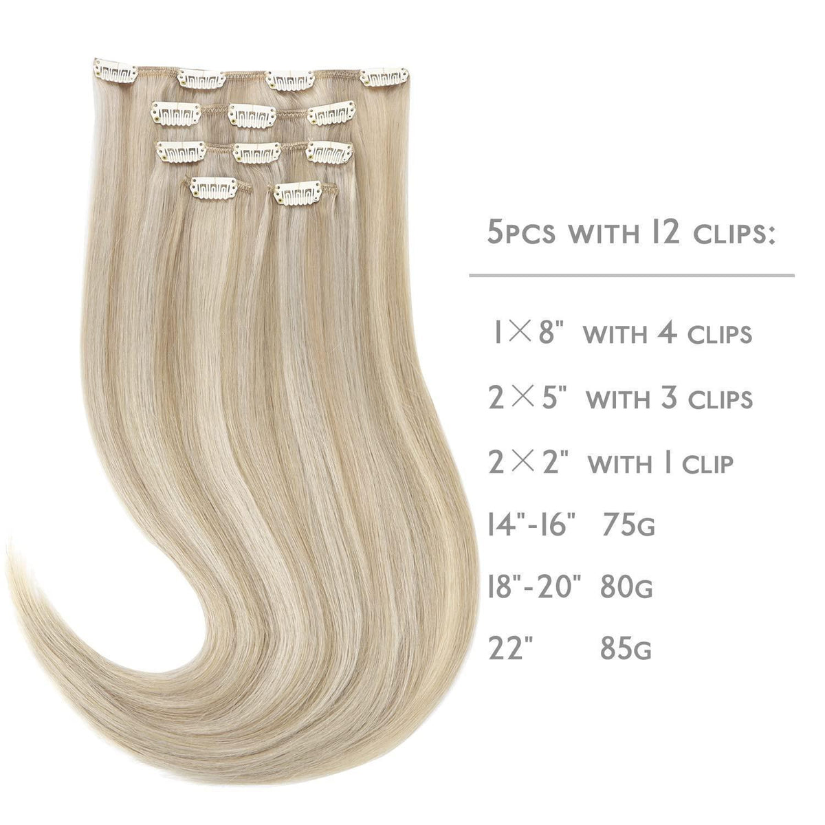 Echthaar Clip-in Extensions Aschblond Highlights Platinblond 50cm