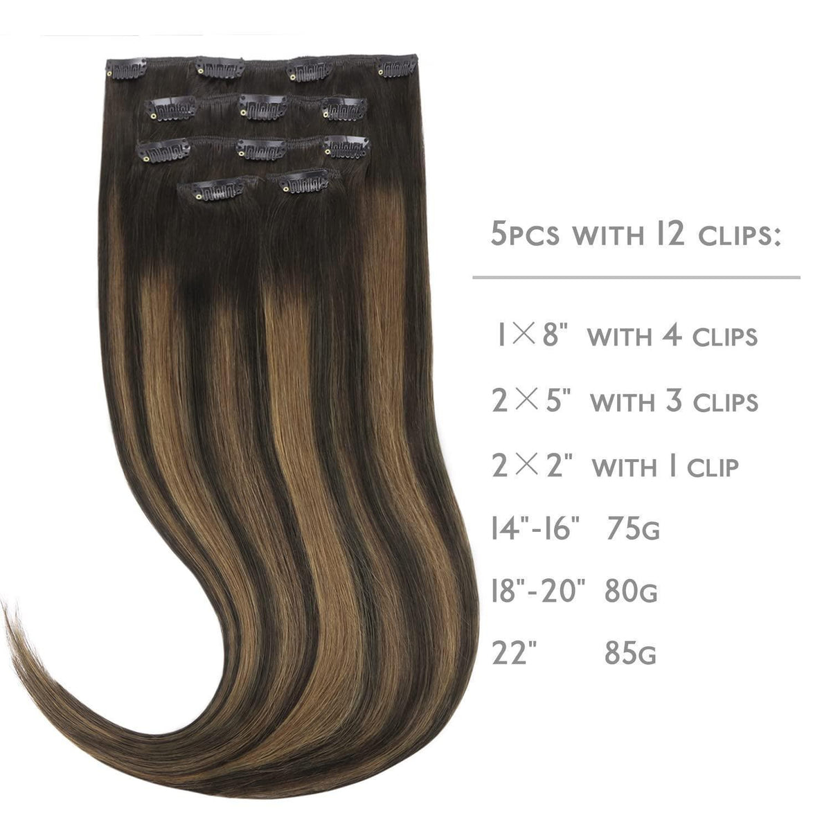 Clip-in Haarverlängerung Echthaar Balayage Dunkelbraun-Kastanienbraun