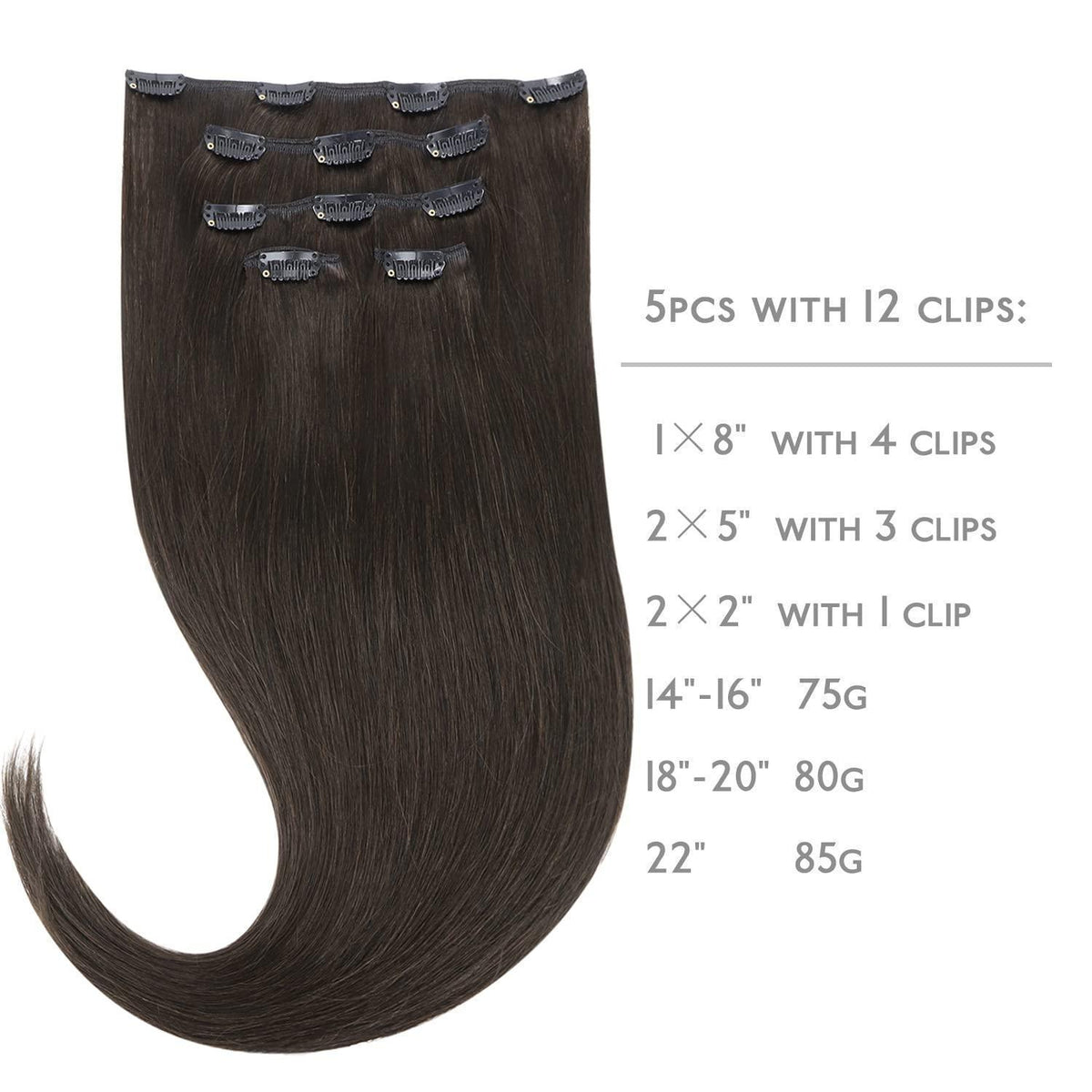 Echthaar Clip-in Extensions Dunkelbraun 45cm - 80g