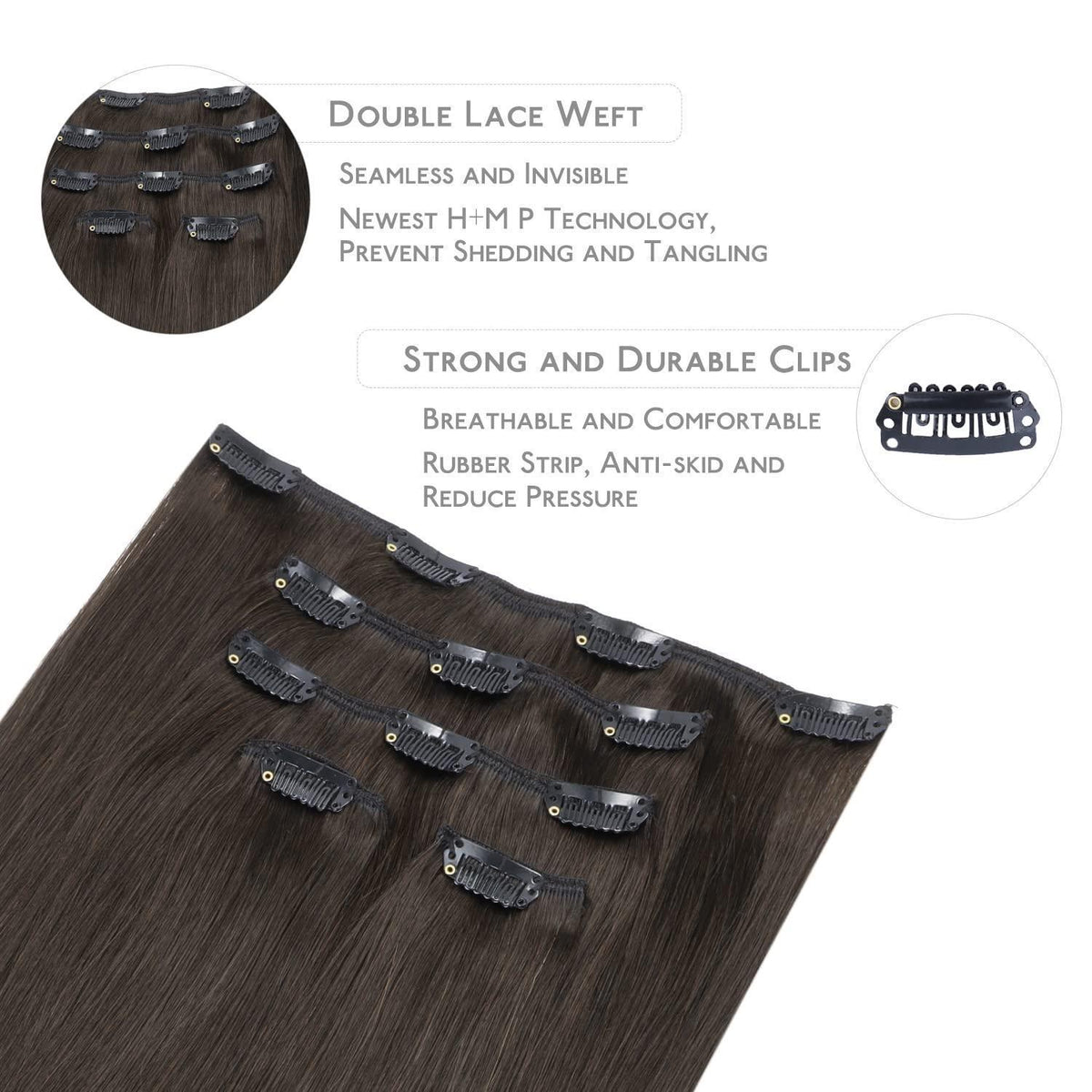 Echthaar Clip-in Extensions Dunkelbraun 45cm - 80g