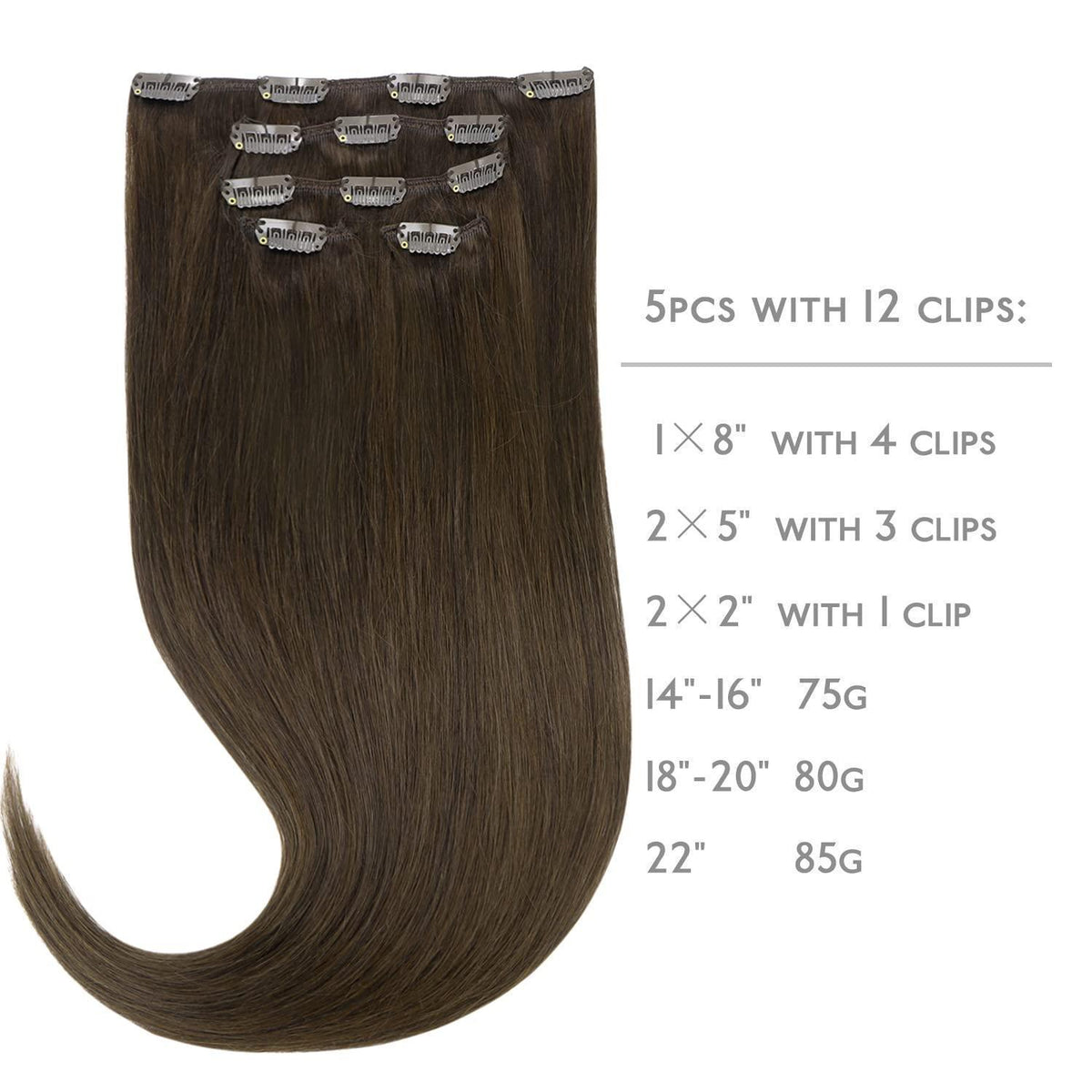 Echthaar Clip-in Extensions Dunkelbraun 35cm - 75g