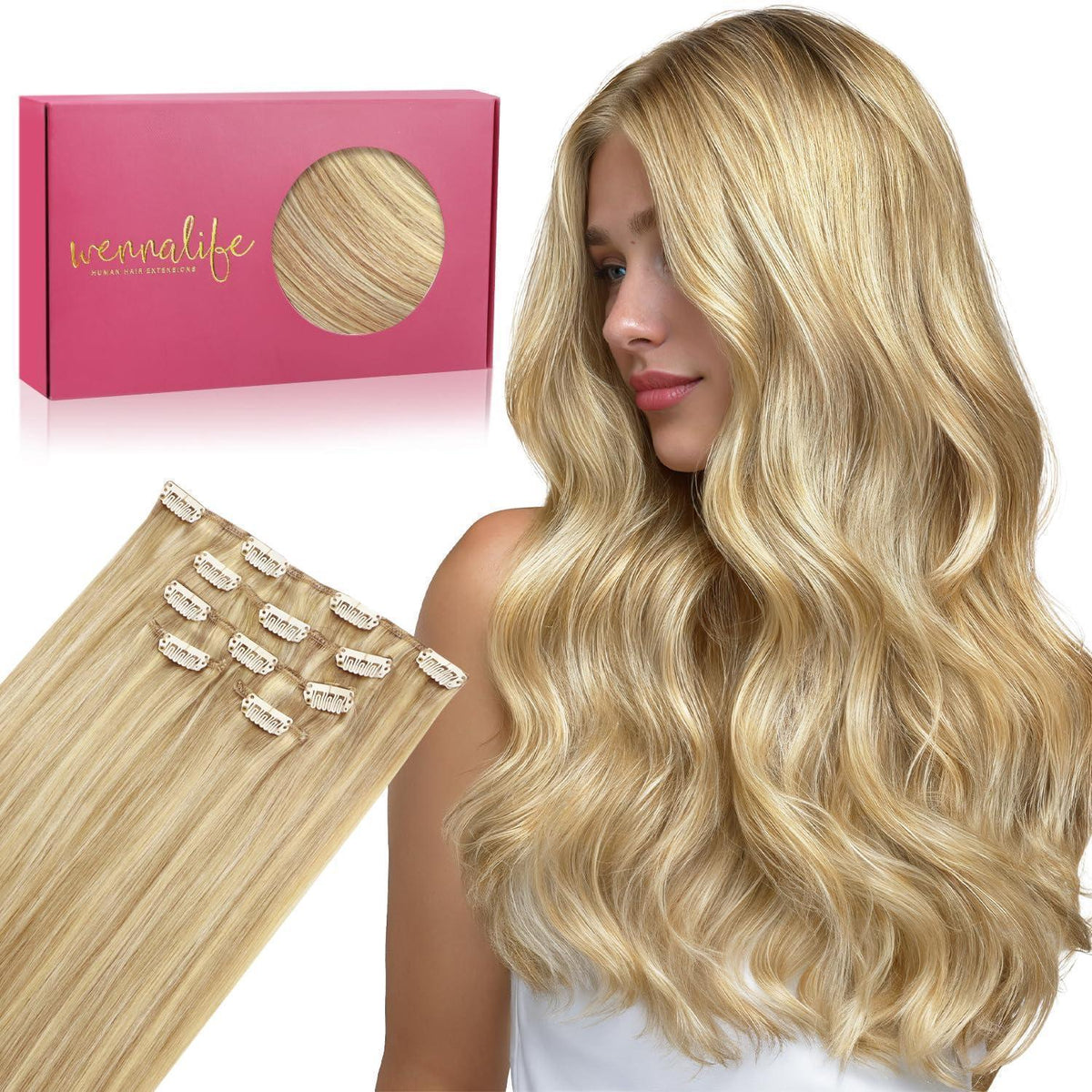 Clip-in Echthaarverlängerungen 35cm Hellblond Highlights Goldblond 75g