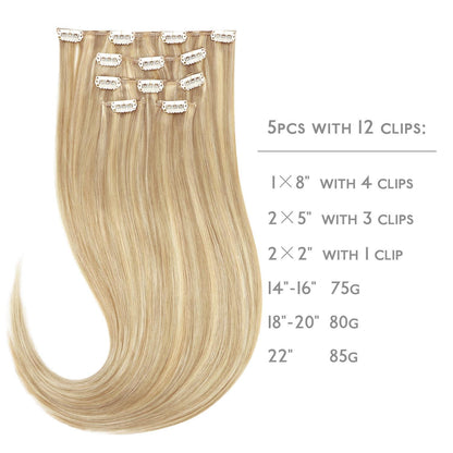 Clip-in Echthaarverlängerungen 35cm Hellblond Highlights Goldblond 75g