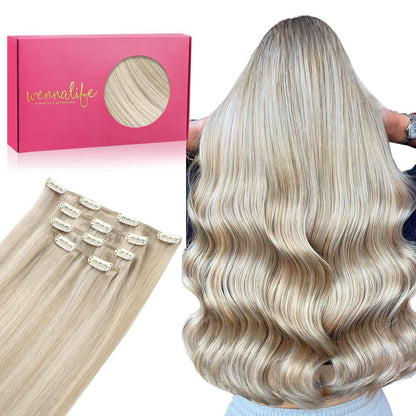 Echthaar Clip-in Extensions Aschblond Highlights Platinblond 55cm