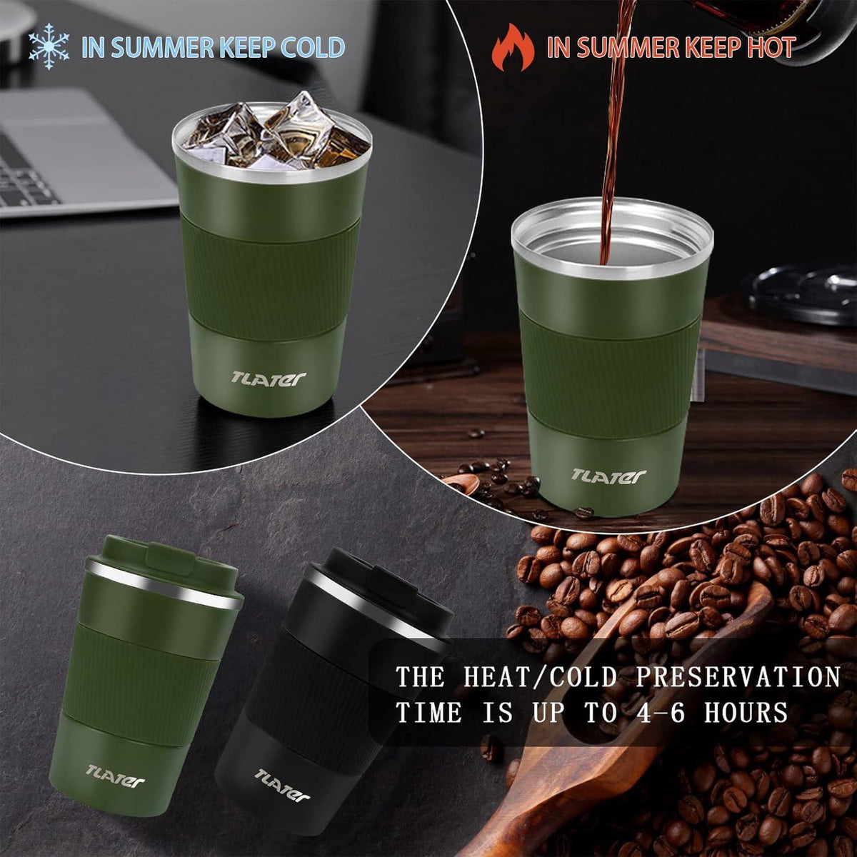 Tragbarer Thermobecher 380ml Isolierbecher mit Deckel Green