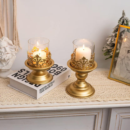 Moderne Goldene Kerzenständer für Stumpenkerzen - Metall Kerzenhalter Set - 2 Stück