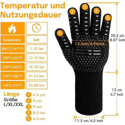 Grillhandschuhe Hitzebeständig 800°C L/XL/XXL Grill Zubehör