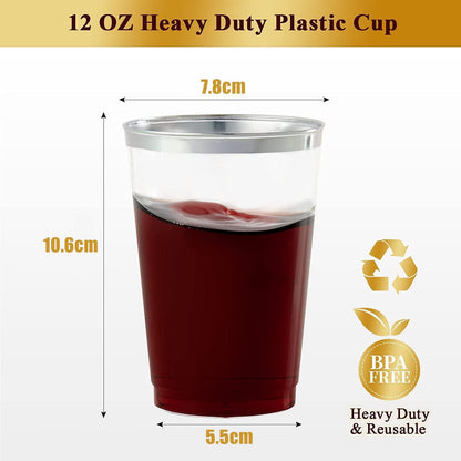 Plastikbecher mit Silberrand 360ml Wiederverwendbare Partybecher 50 Stück