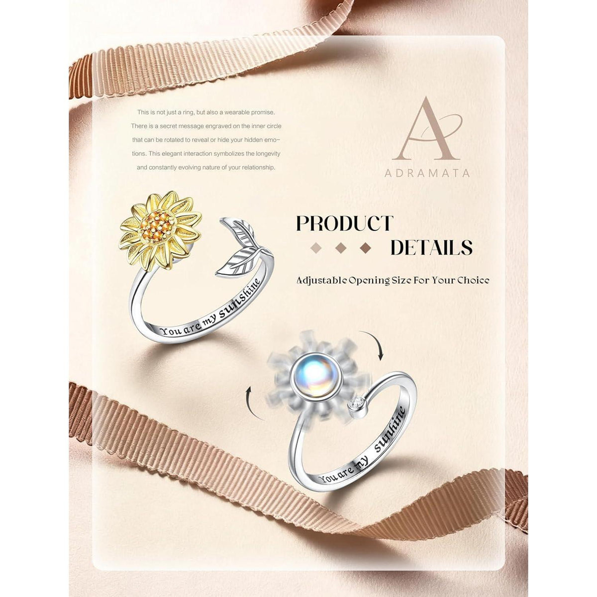 2er Set Silber Sonnenblume Fidget Ringe Damen mit Mondstein, verstellbar