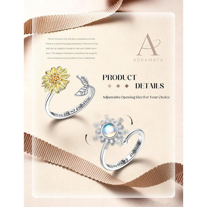 2er Set Silber Sonnenblume Fidget Ringe Damen mit Mondstein, verstellbar