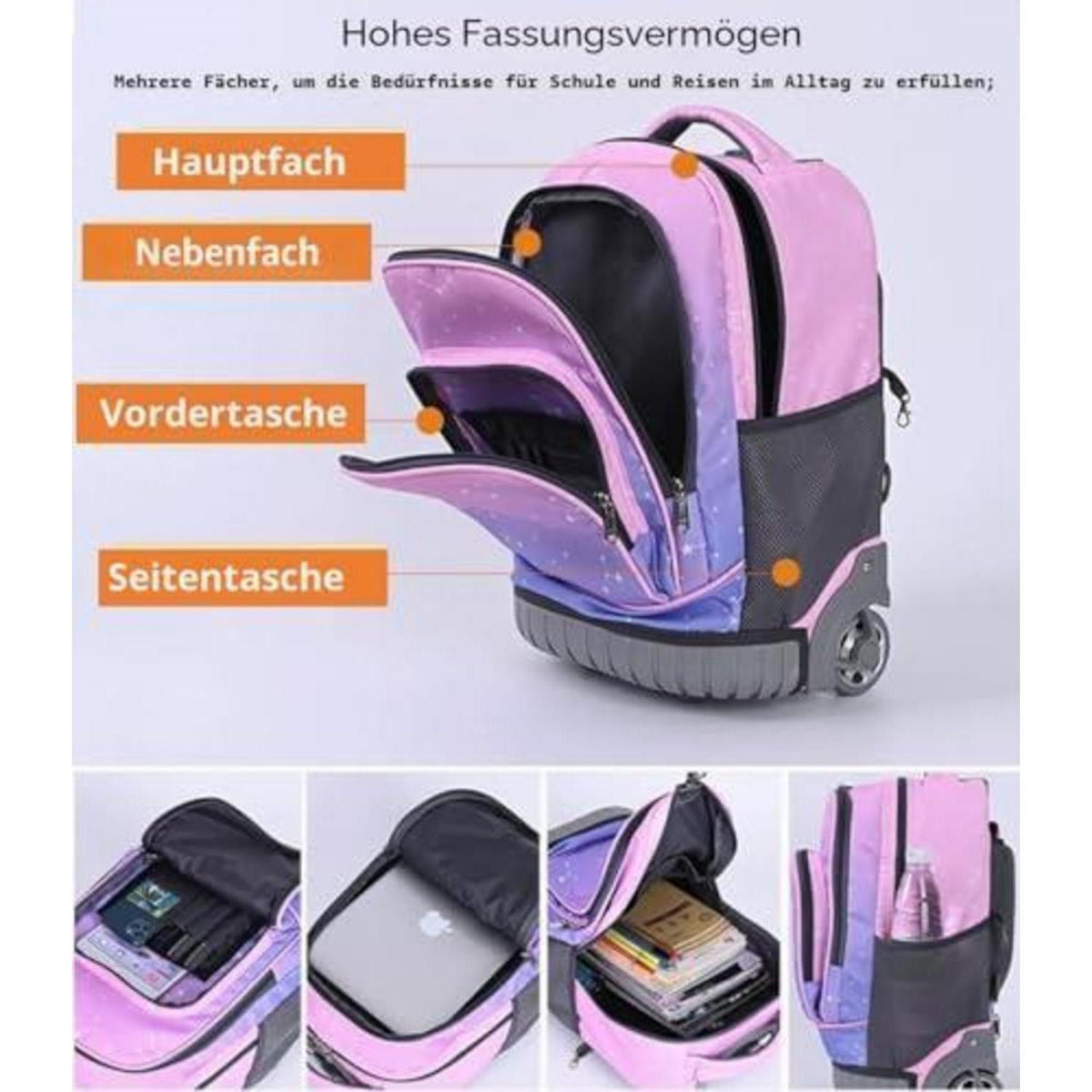 Trolley Rucksack mit Rollen – Schulranzen für Kinder & Teenager Pink Blumen