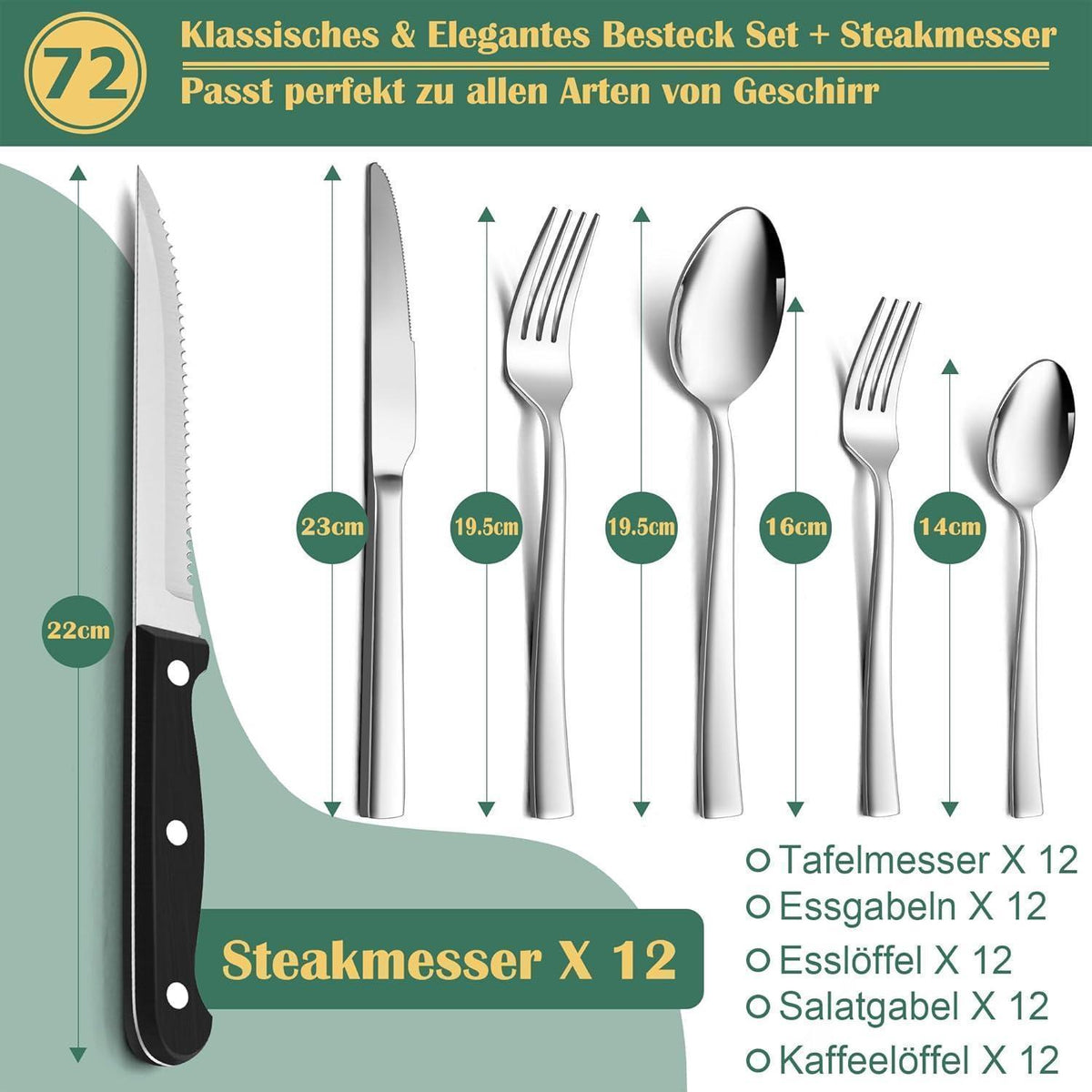 72-teiliges Besteckset Edelstahl für 12 Personen mit Steakmessern