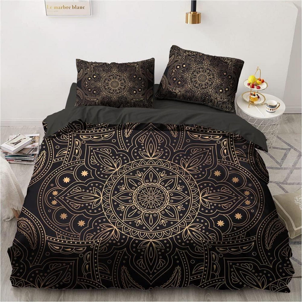 Boho Bettwäsche Set 135x200cm Schwarz Gold Mandala