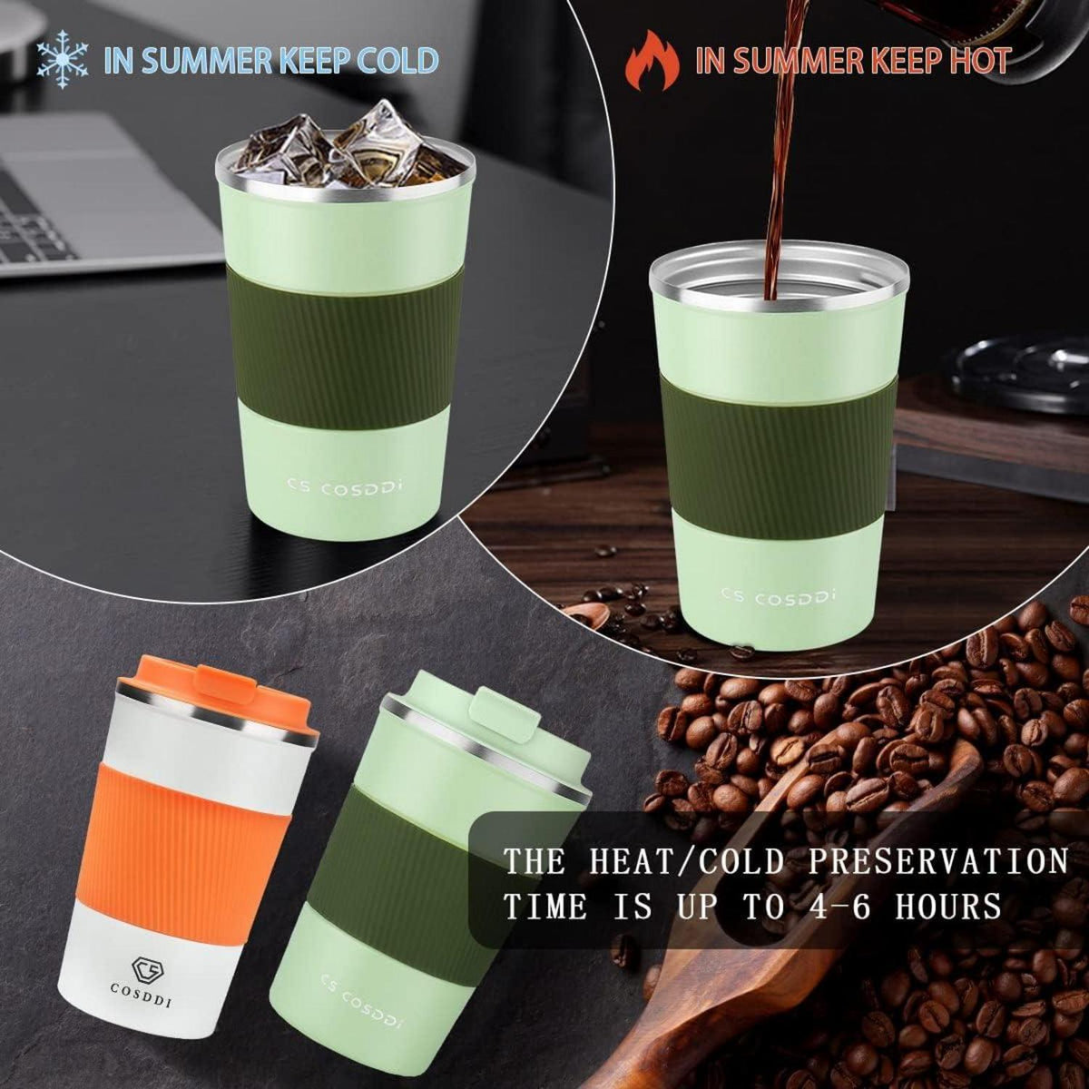 CS COSDDI Thermobecher Edelstahl 380ml Vakuum Reisebecher Olive Green