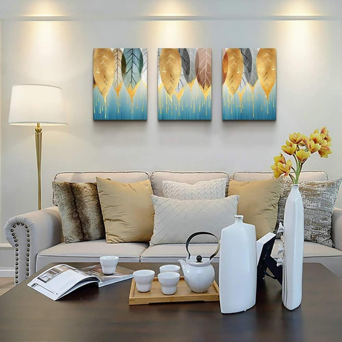 Wandbild Blätter Natur Gold Leinwandbild Modern Vintage 40x30 cm