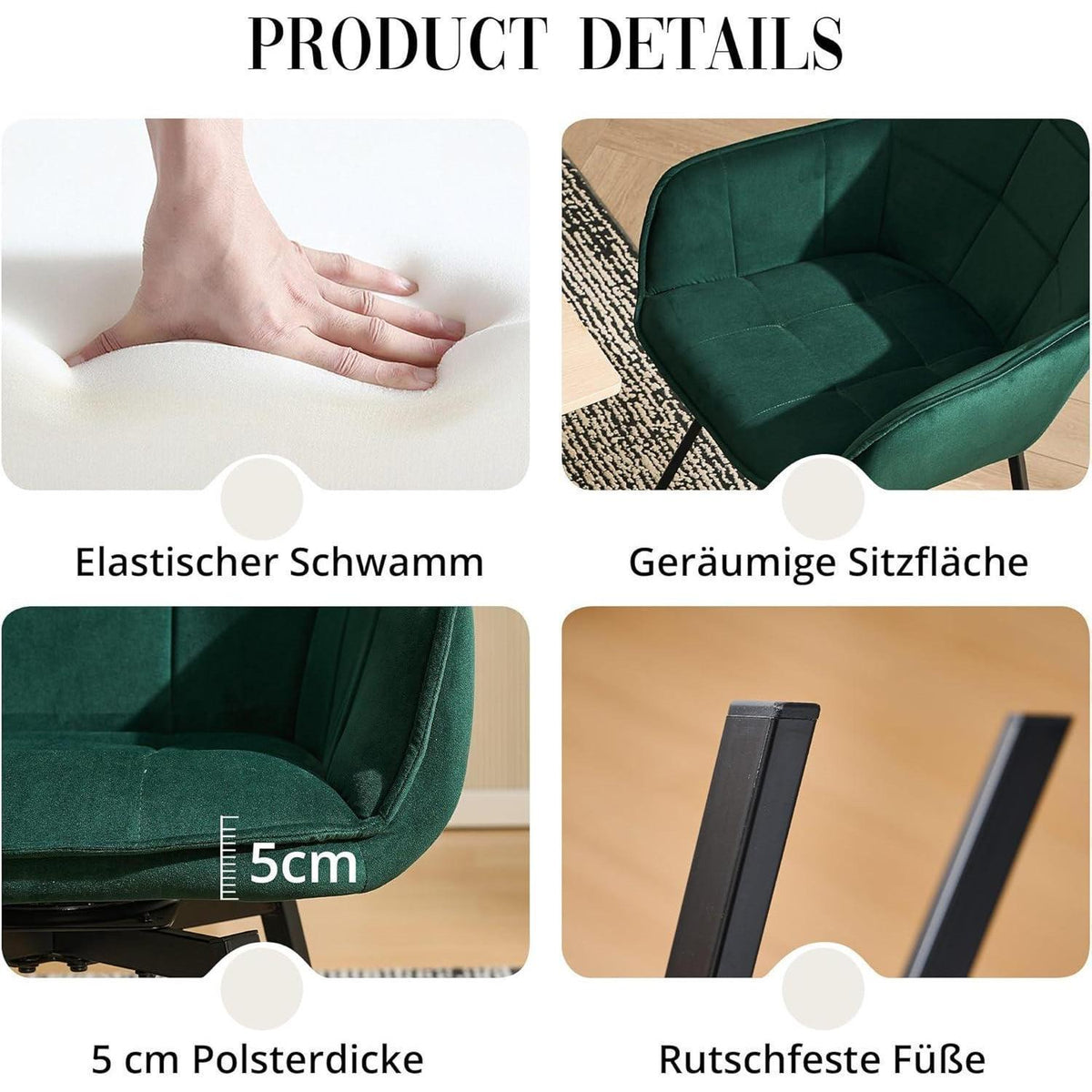 Drehbarer Samt Esszimmerstuhl mit Armlehne - 4er Set Grün