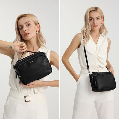 Umhängetasche Damen Schwarz Leder Schultertasche Crossbody