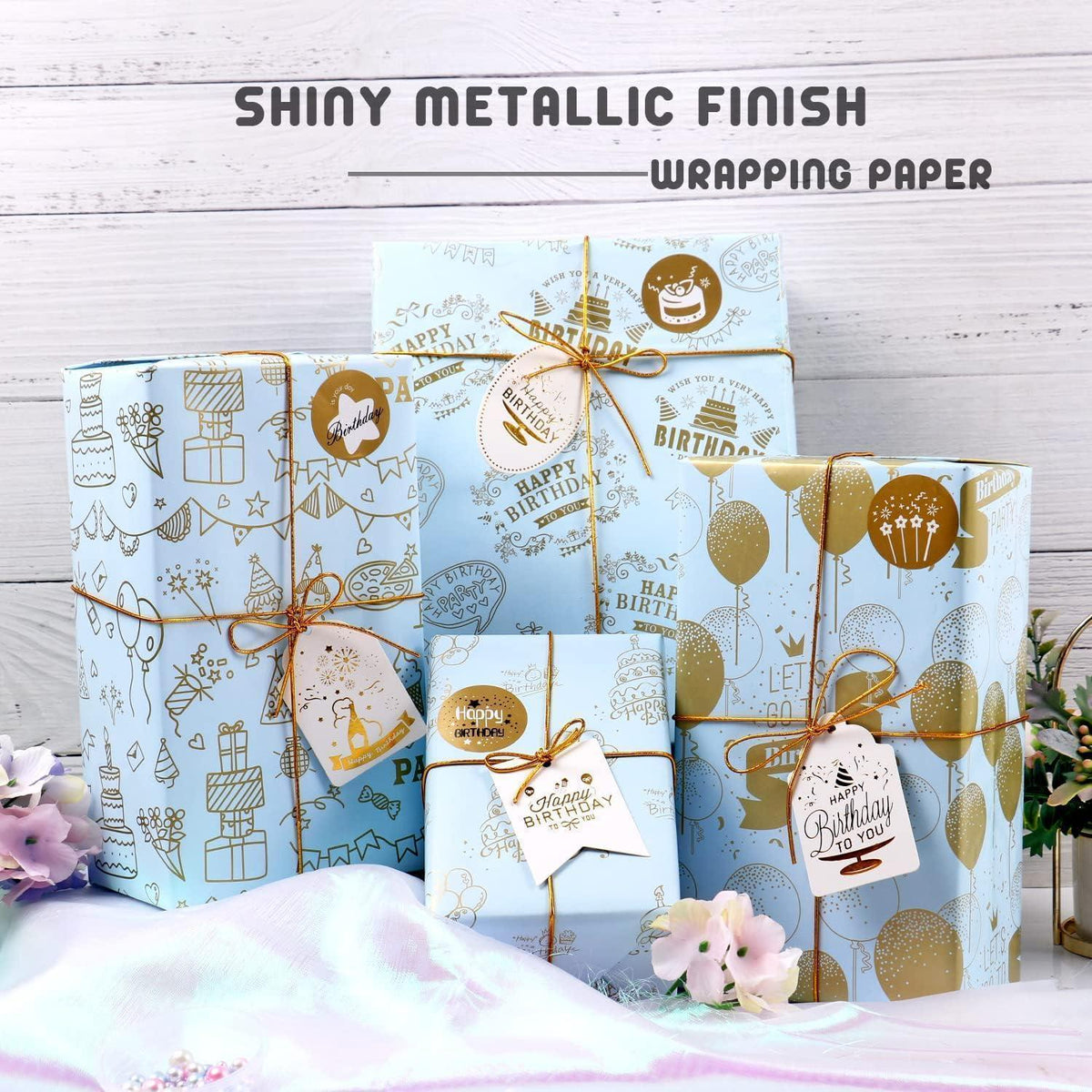 Geschenkpapier Geburtstag Gold, 6 Blatt mit Stickern & Tags