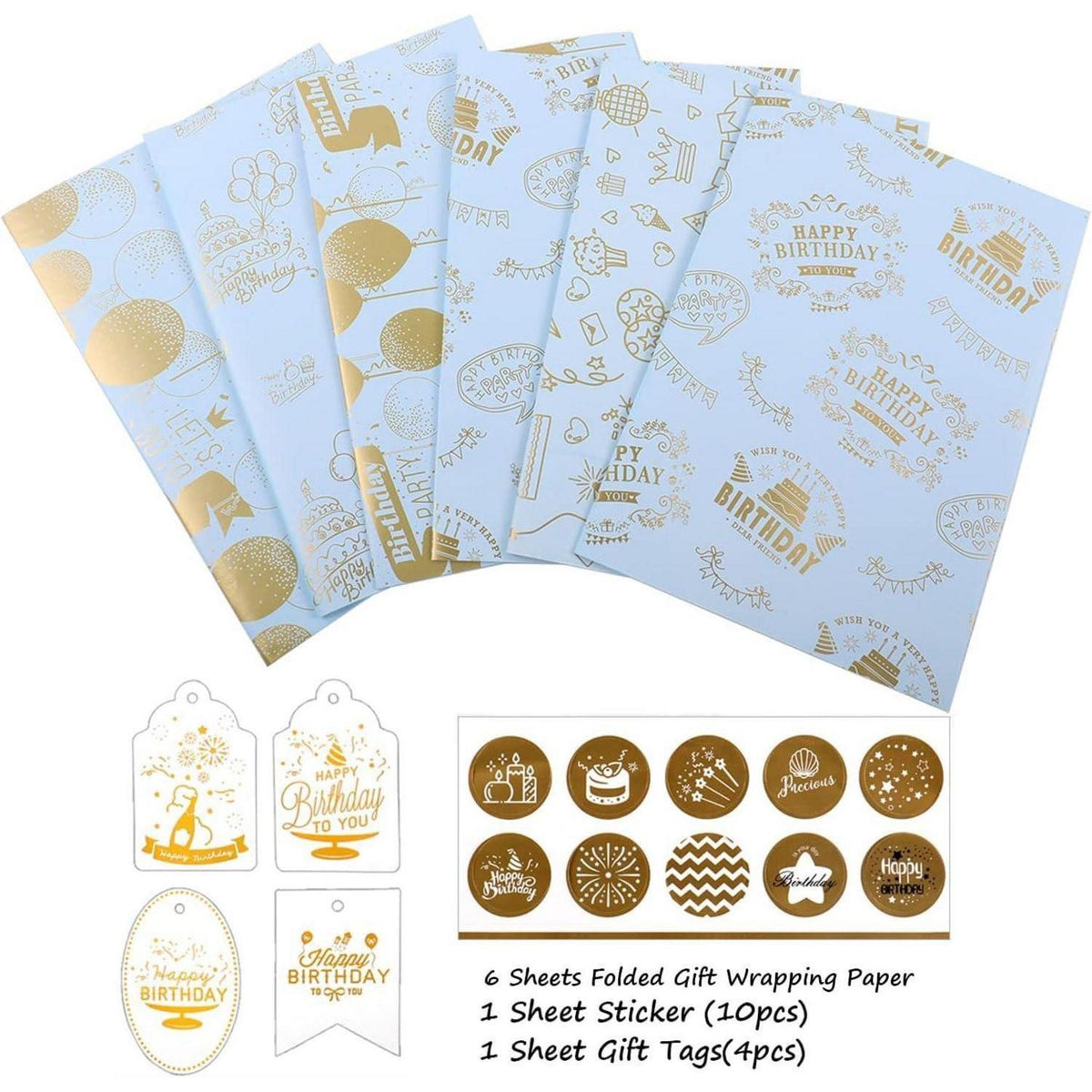 Geschenkpapier Geburtstag Gold, 6 Blatt mit Stickern & Tags